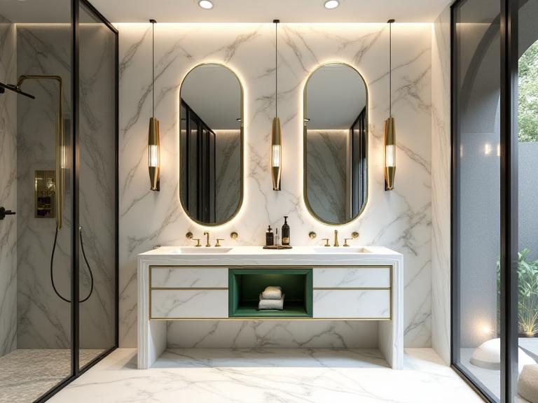 Art Deco bathroom with marble and mirrored surfaces Bengaluru