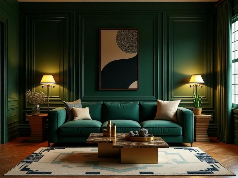 Art Deco living room with geometric patterns and brass accents