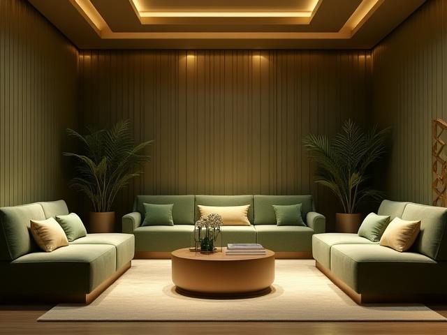 Art Deco spa lounge with geometric patterns and plush seating