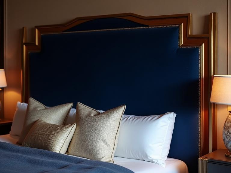 Custom Art Deco headboard with jewel tone upholstery