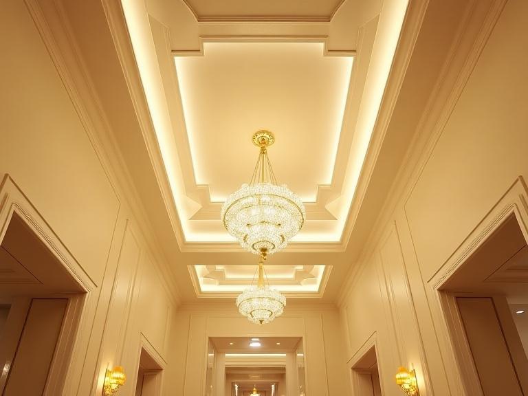 High ceiling with geometric Art Deco treatment and lighting