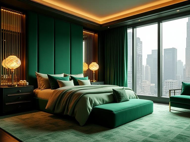 Luxury penthouse master bedroom with emerald Art Deco design