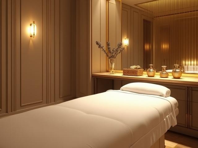 Luxury spa treatment room with warm metallic Art Deco accents