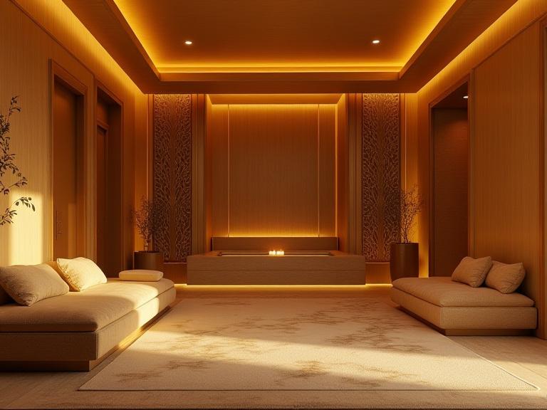 Spa relaxation zone with Art Deco warm metallic accents