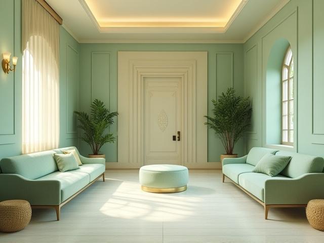 Spa waiting area with calming Art Deco color palette